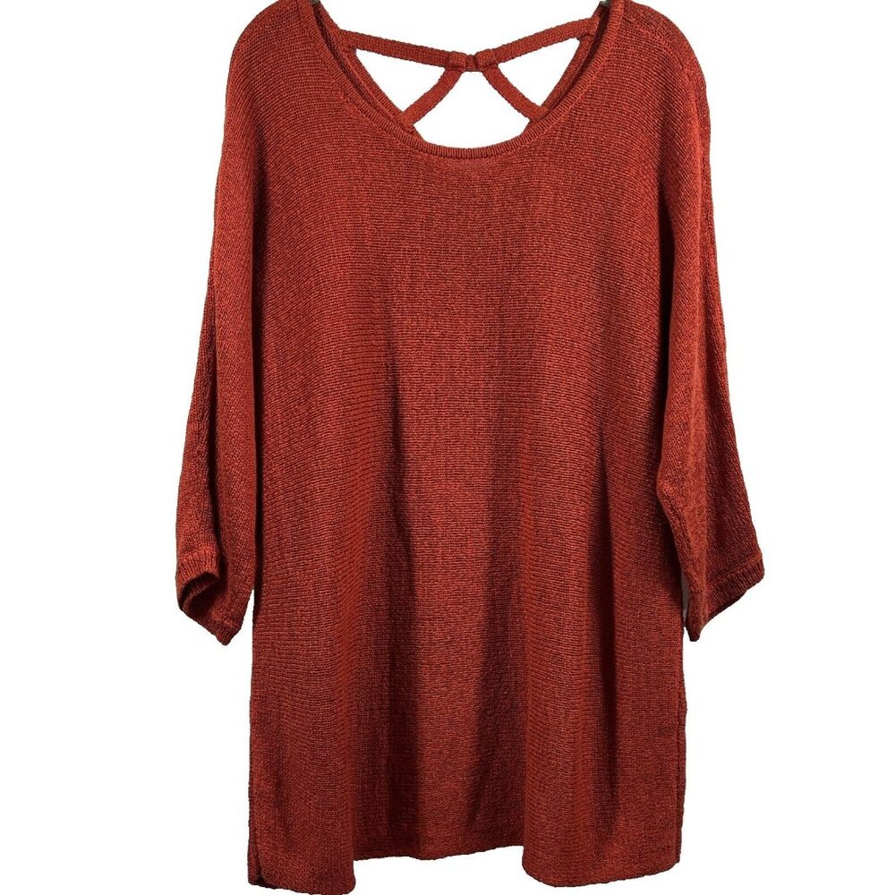 Chicos Tunic Sweater Size Large Solid Rust 3/4 Sleeves‎ Knit Pullover Semi Sheer